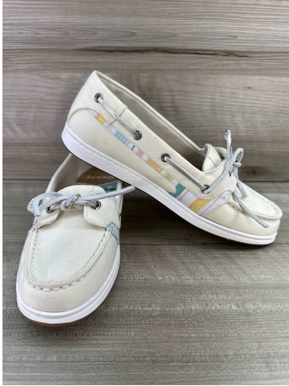 Sperry Cream Canvas Boat Shoes with Pastel Accent